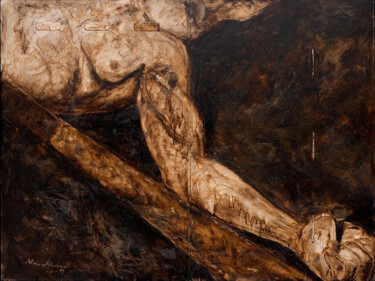 Painting titled "Il martirio di San…" by Paola Alviano Glaviano, Original Artwork, Oil Mounted on Wood Stretcher frame