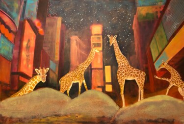 Pittura intitolato "Giraffes à New York" da Paola Korga, Opera d'arte originale, Olio