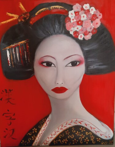 Painting titled "Geisha" by Paola Hochlander, Original Artwork, Oil Mounted on Wood Stretcher frame
