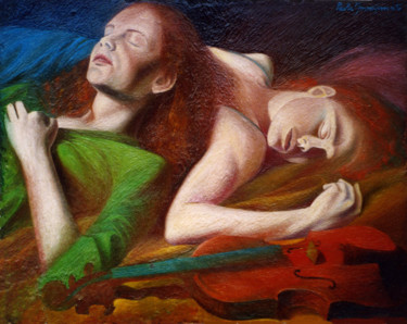 Painting titled "AFTER THE REHEARSALS" by Paola Imposimato, Original Artwork, Oil Mounted on Wood Stretcher frame
