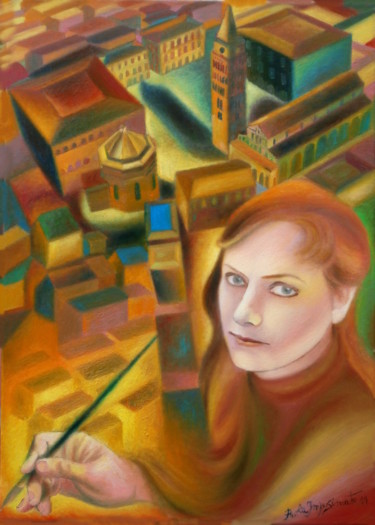 Painting titled "GLANCE ON THE CITY" by Paola Imposimato, Original Artwork, Oil Mounted on Wood Stretcher frame
