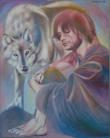 Painting titled "THE WOLF OF GUBBIO" by Paola Imposimato, Original Artwork, Oil Mounted on Wood Stretcher frame