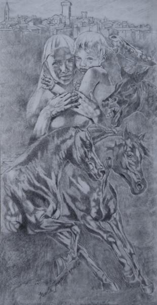 Desenho intitulada "HIPPOTHERAPY (3)" por Paola Imposimato, Obras de arte originais, Lápis Montado em Cartão