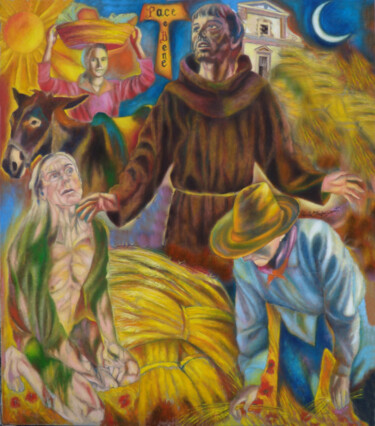 Painting titled "THE FIRST NATIVITY…" by Paola Imposimato, Original Artwork, Oil Mounted on Wood Stretcher frame