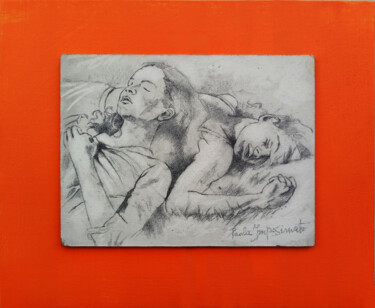 Drawing titled "A REST ON THE GRASS" by Paola Imposimato, Original Artwork, Pencil Mounted on Wood Panel