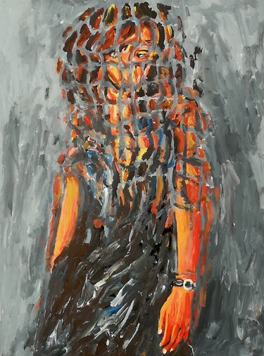 Painting titled "Donna su sfondo gri…" by Paolo Avanzi, Original Artwork, Acrylic