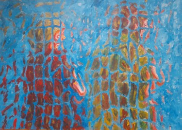 Peinture intitulée "Coppia su sfondo az…" par Paolo Avanzi, Œuvre d'art originale, Acrylique Monté sur Panneau de bois