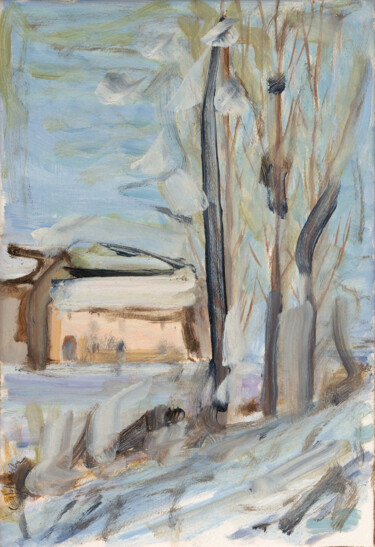 Painting titled "Inverno nella Bassa" by Paolo Campogrande, Original Artwork, Oil Mounted on Wood Panel