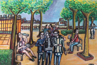Painting titled "Park Life" by Paolo Erriu, Original Artwork, Watercolor Mounted on Wood Stretcher frame