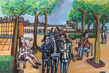 Schilderij getiteld "Park Life" door Paolo Erriu, Origineel Kunstwerk, Aquarel Gemonteerd op Frame voor houten brancard