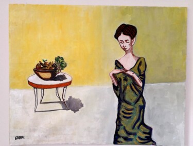 Painting titled "Still Life con donn…" by Paolo Erriu, Original Artwork, Watercolor Mounted on Wood Stretcher frame