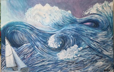 Painting titled "Blu Erriu m.1/Mare…" by Paolo Erriu, Original Artwork, Watercolor Mounted on Wood Stretcher frame