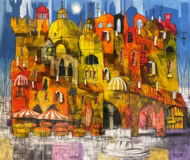 Painting titled "Borgo" by Paolo Fumagalli, Original Artwork, Oil Mounted on Wood Stretcher frame