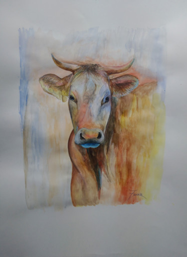 Pintura titulada "Vache Aquarelle" por Zeuxiss, Obra de arte original, Acuarela