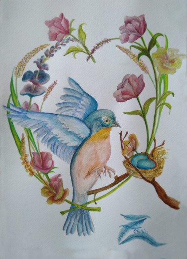 Peinture intitulée "L'Oiseau du Coeur" par Zeuxiss, Œuvre d'art originale, Aquarelle
