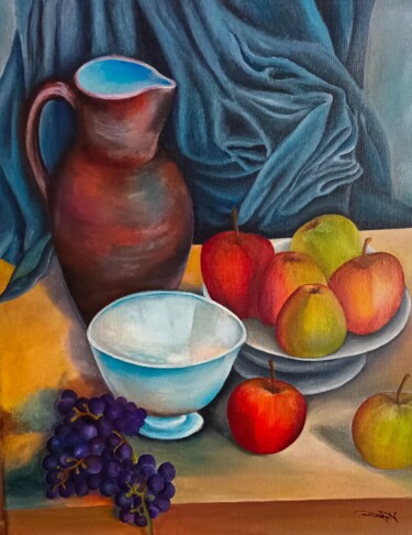 Painting titled "Les 7 Pommes" by Zeuxiss, Original Artwork, Oil