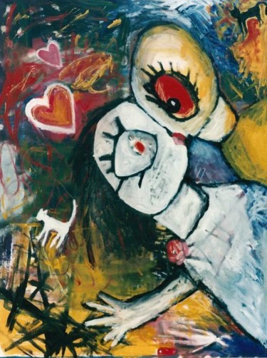 Malerei mit dem Titel "chat noir chat blanc" von Emmanuelle Rostaing, Original-Kunstwerk, Acryl