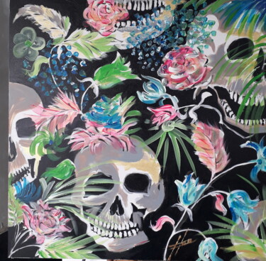 Peinture intitulée "Skull fleurit" par Herve Richard, Œuvre d'art originale, Acrylique