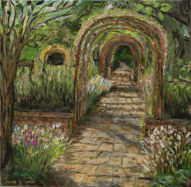 Painting titled "Jardin sous arcades" by Pardo Y Cobo, Original Artwork, Acrylic Mounted on Wood Stretcher frame