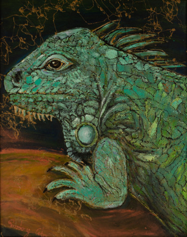 Painting titled "Iguane vert" by Pardo Y Cobo, Original Artwork, Acrylic Mounted on Wood Panel