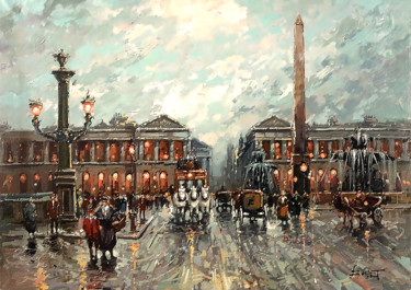 Painting titled "Place de la Concord…" by Paris Street Scene, Original Artwork, Oil Mounted on Wood Stretcher frame