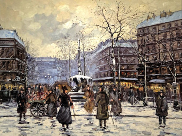Painting titled "Place du Théâtre de…" by Paris Street Scene, Original Artwork, Oil Mounted on Wood Stretcher frame