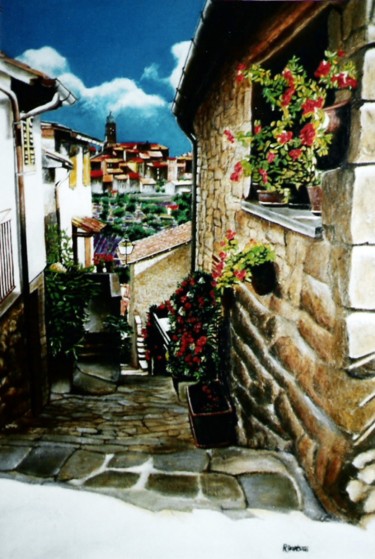 Painting titled "Vue sur le village" by Rodolphe Parisotto, Original Artwork, Oil