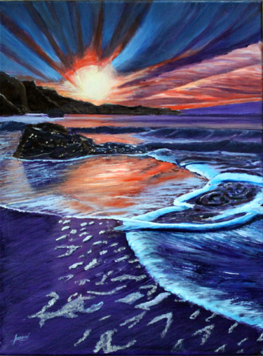 Pintura intitulada "sunset on the sea" por Jean Parraud, Obras de arte originais, Óleo