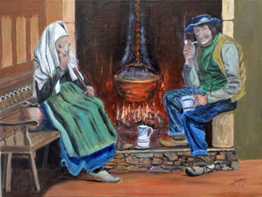 Bretagne- Fumeurs de pipe au coin du feu Peinture intitulée "Bretagne- Fumeurs d…" par Jean Parraud, Œuvre d'art originale, Huile