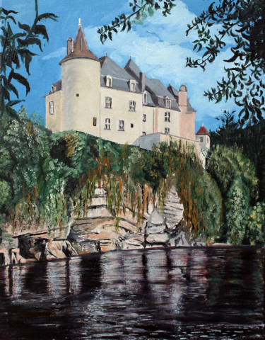 Painting titled "Château de la Treyne" by Jean Parraud, Original Artwork, Oil Mounted on Wood Stretcher frame