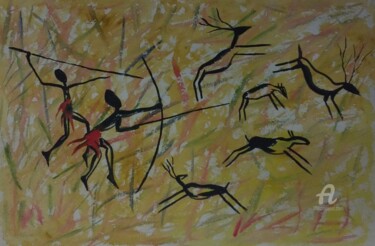 Painting titled "TRIBAL HUNT" by Partha Sutradhar, Original Artwork, Watercolor