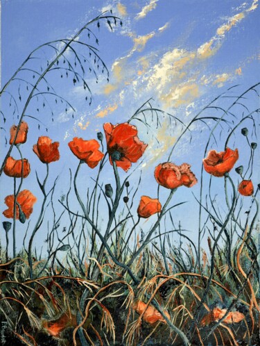 Painting titled "Coquelicots sur ciel" by Pascal Baudot, Original Artwork, Oil