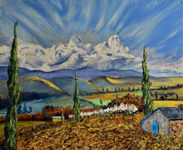 Painting titled "Vue sur les monts" by Pascal Baudot, Original Artwork, Oil Mounted on Wood Stretcher frame