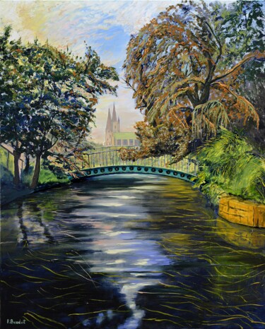 Painting titled "L'Eure à Chartres" by Pascal Baudot, Original Artwork, Oil Mounted on Wood Stretcher frame