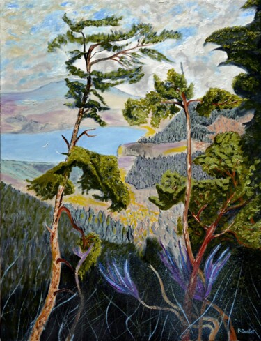 Painting titled "Vue sur le lac" by Pascal Baudot, Original Artwork, Oil Mounted on Wood Stretcher frame