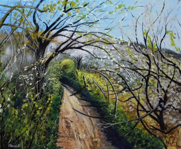 Painting titled "Chemin au printemps" by Pascal Baudot, Original Artwork, Acrylic Mounted on Wood Stretcher frame