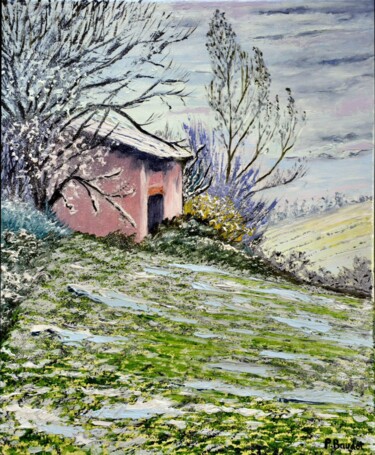 Painting titled "Hiver sur le cabanon" by Pascal Baudot, Original Artwork, Oil Mounted on Wood Stretcher frame