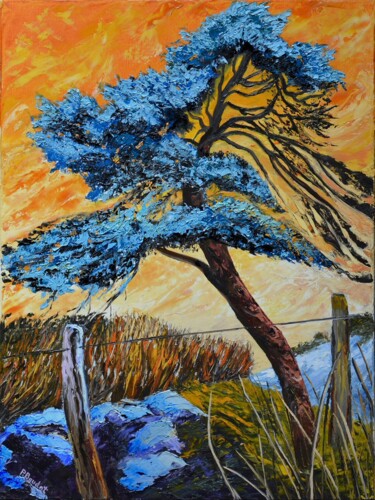 Peinture intitulée "Le pin bleu" par Pascal Baudot, Œuvre d'art originale, Huile Monté sur Châssis en bois