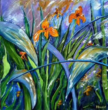 Painting titled "Iris sous l'averse" by Pascal Baudot, Original Artwork, Oil Mounted on Wood Stretcher frame