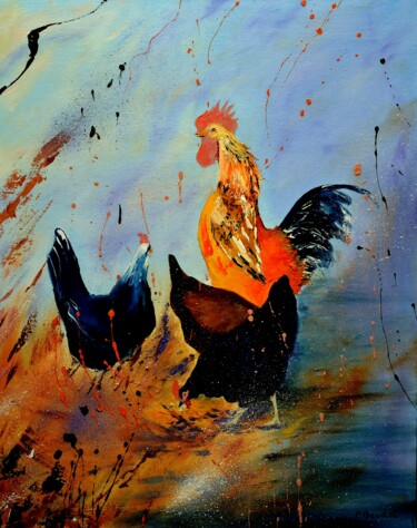 Peinture intitulée "Coq et poules" par Pascal Baudot, Œuvre d'art originale, Huile Monté sur Châssis en bois