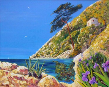 Painting titled "Calanque" by Pascal Baudot, Original Artwork, Oil Mounted on Wood Stretcher frame