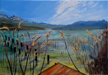 Painting titled "Le bout du lac" by Pascal Baudot, Original Artwork, Oil Mounted on Wood Stretcher frame