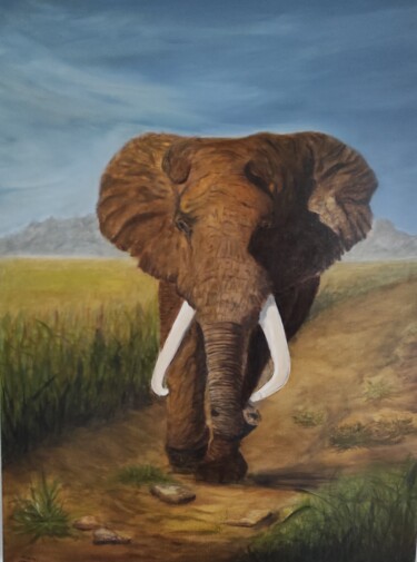 Painting titled "L'éléphant dans la…" by Pascal Bourgouin, Original Artwork, Oil Mounted on Wood Stretcher frame