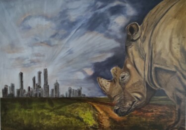 Malerei mit dem Titel "Rhino face au monde" von Pascal Bourgouin, Original-Kunstwerk, Öl Auf Keilrahmen aus Holz montiert