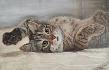 Painting titled "Un chat cool" by Pascal Bourgouin, Original Artwork, Oil Mounted on Wood Stretcher frame