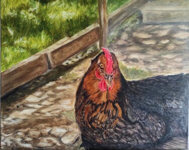Painting titled "ma poule Maggy" by Pascal Bourgouin, Original Artwork, Oil Mounted on Wood Stretcher frame