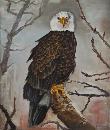 Malerei mit dem Titel "Aigle Américain à t…" von Pascal Bourgouin, Original-Kunstwerk, Öl