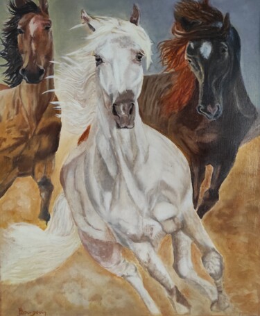 Painting titled "Chevaux sauvages" by Pascal Bourgouin, Original Artwork, Oil