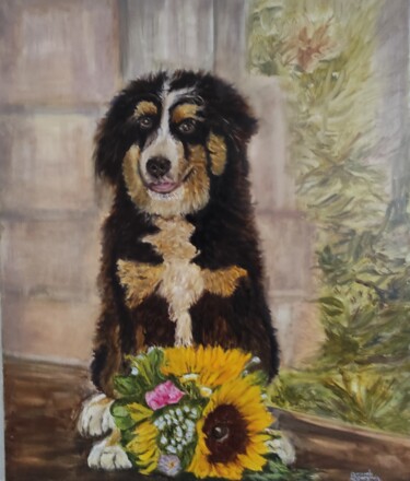 Malerei mit dem Titel "Le chien fleuri" von Pascal Bourgouin, Original-Kunstwerk, Öl