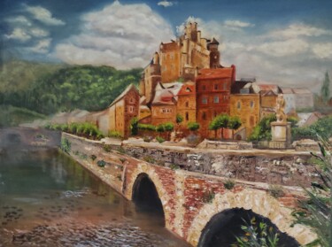 Painting titled "Le village d'Estaing" by Pascal Bourgouin, Original Artwork, Oil